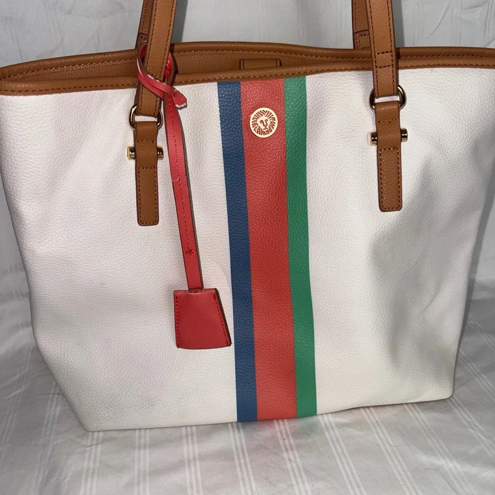 Anne Klein White Stripe Tote Bag‎ Large Faux Leather Shoulder Purse Multicolor